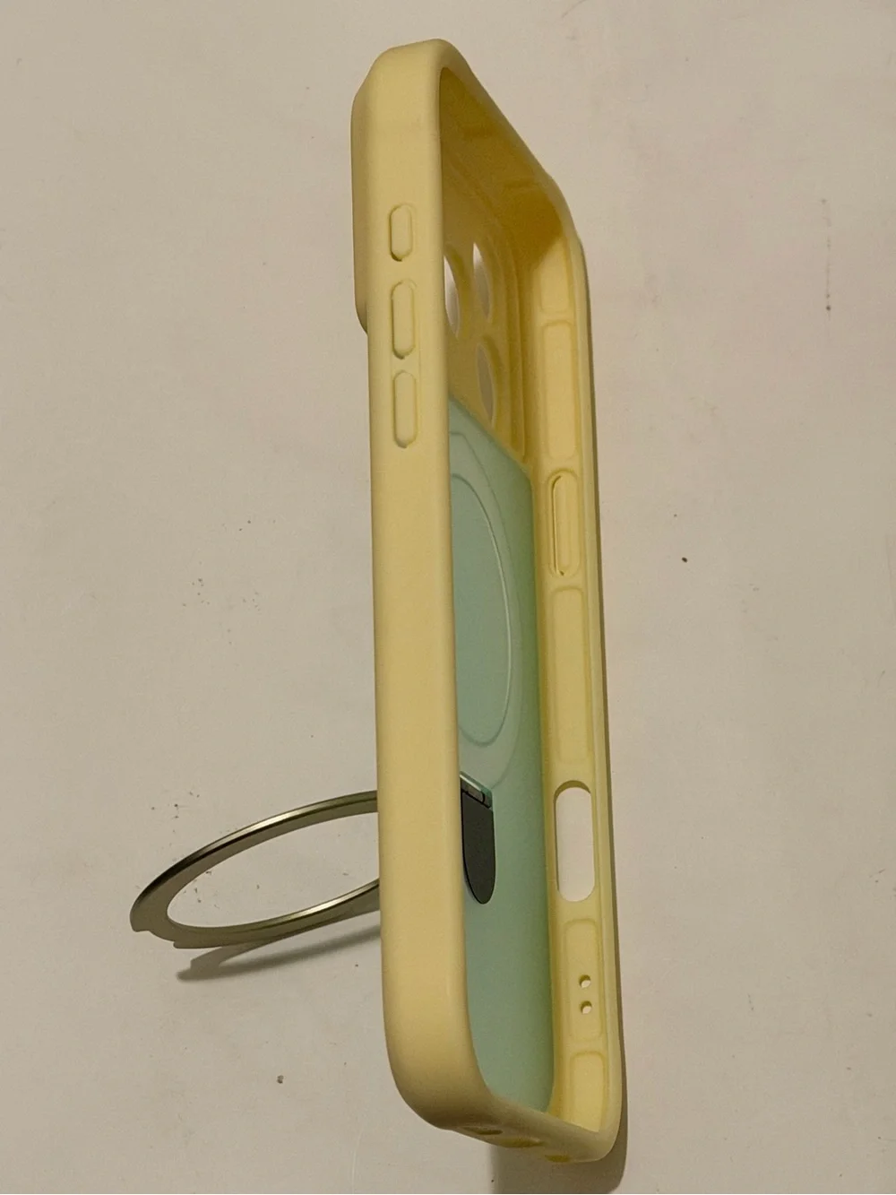 Silicone Dual-Tone Phone Case with Metal Ring Stand - Cream & Light Green